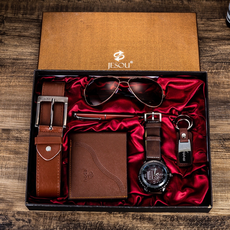 New 6Pcs/Set Classic Men Watches Luxury Gifts Set Sunglasses Belt Watch Wallet Keychain Set Christmas Gift Valentines Gifts