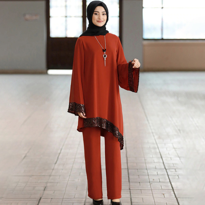 Elegant Two Pieces Sets Muslim Suits Sequined Abaya Ramadan Islam Clothing Muslim Clothes Sales