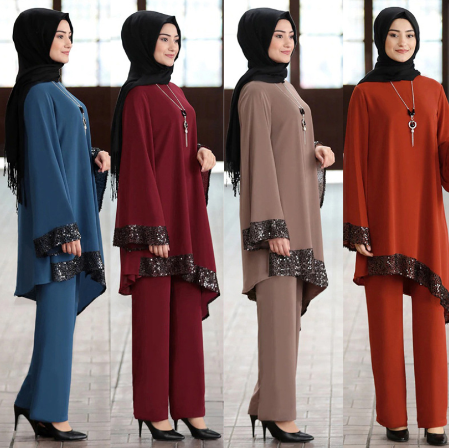 Elegant Two Pieces Sets Muslim Suits Sequined Abaya Ramadan Islam Clothing Muslim Clothes Sales
