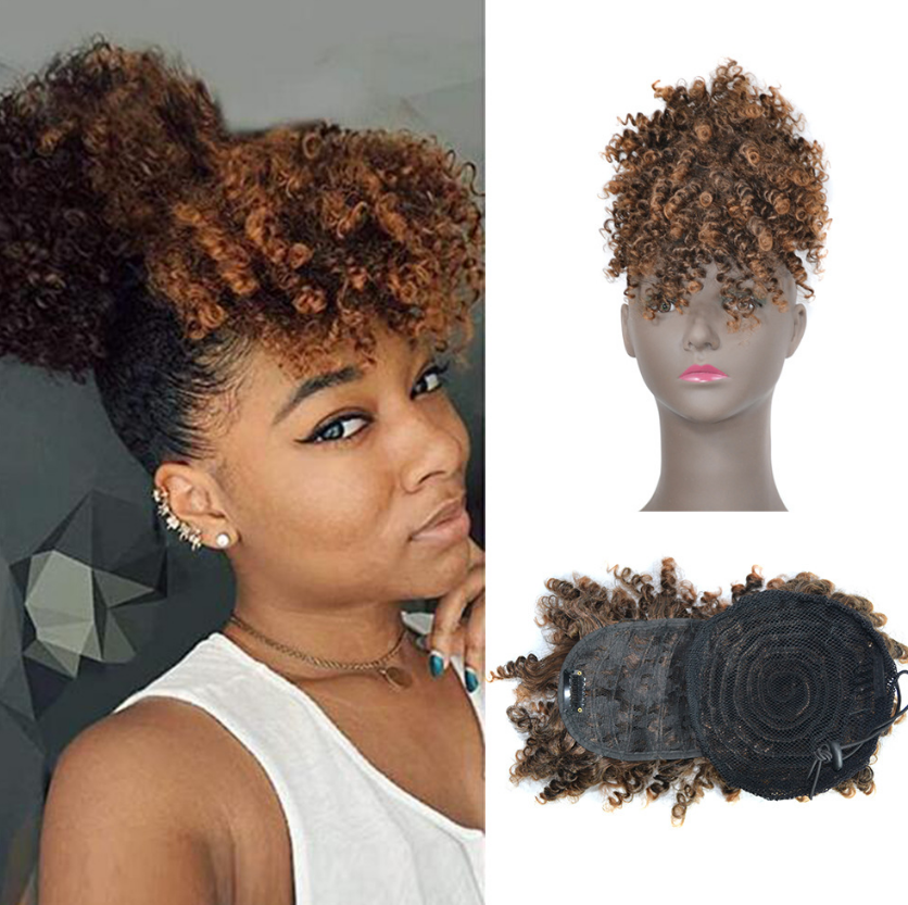 High Puff Afro Kinky Curly Synthetic Ponytail with Bangs Hair Extension Drawstring Wigs Sales