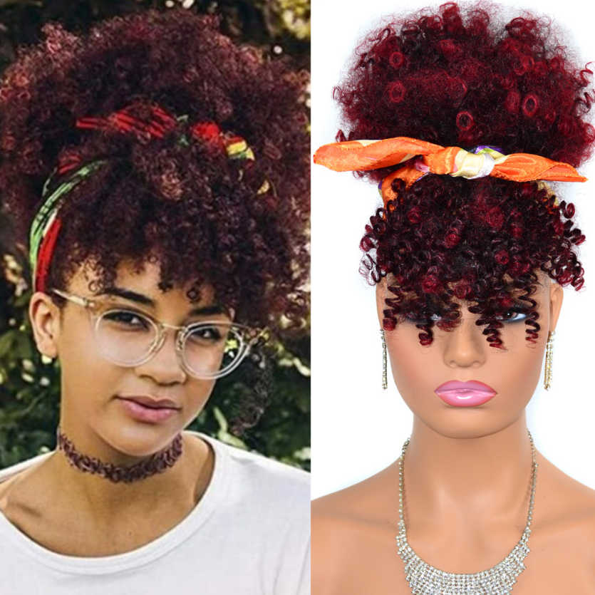 High Puff Afro Kinky Curly Synthetic Ponytail with Bangs Hair Extension Drawstring Wigs Sales