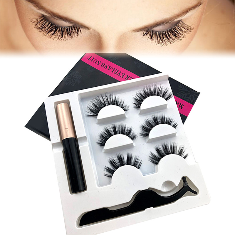 3 Pairs Magnetic Eyelashes set Magnet Liquid Eyeliner&amp; Magnetic Lashes &amp; Tweezer Set Makeup Sales