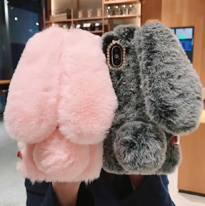 Cute Rabbit Ears Fur Plush Phones Case for iPhone 6 6S 7 8Plus Warm Covers for Samsung Huawei Oppo