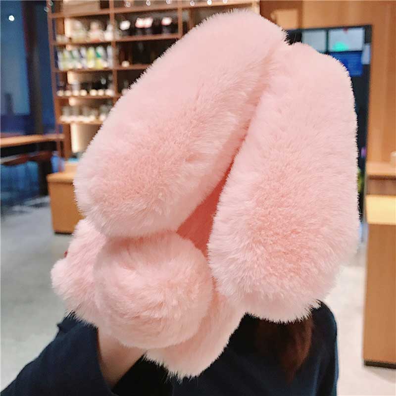 Cute Rabbit Ears Fur Plush Phones Case for iPhone 6 6S 7 8Plus Warm Covers for Samsung Huawei Oppo