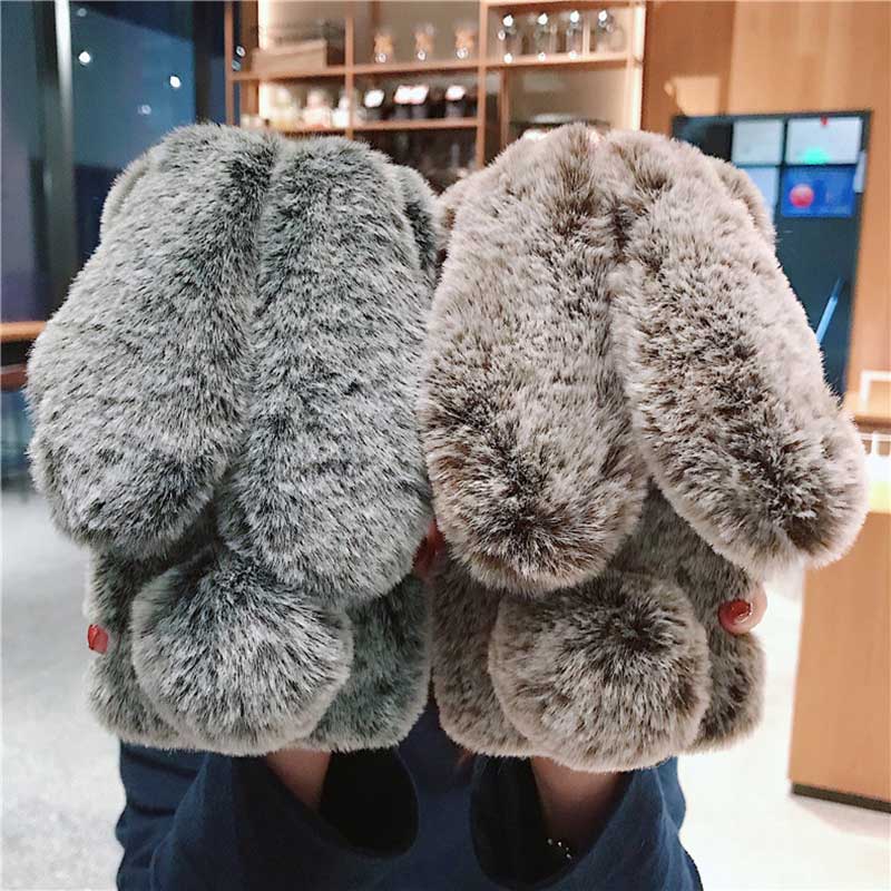 Cute Rabbit Ears Fur Plush Phones Case for iPhone 6 6S 7 8Plus Warm Covers for Samsung Huawei Oppo
