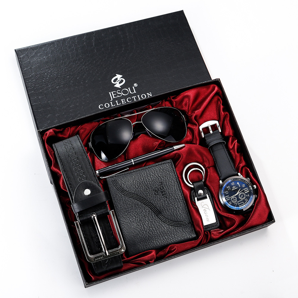 New Men&apos;s Watches Luxury Gifts Set Sunglasses Belt Watch Wallet Keychain Ballpoint Pen Men Gifts