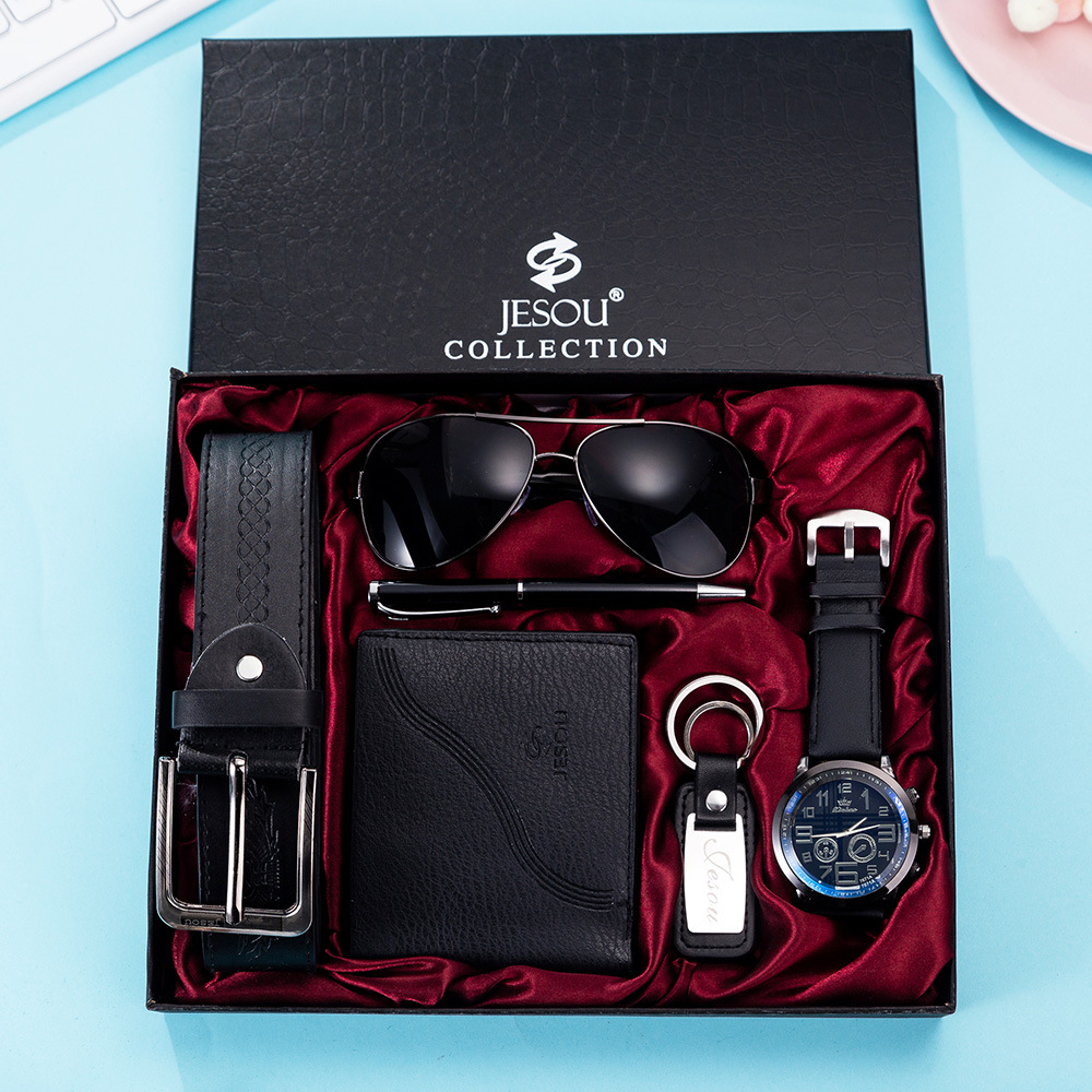 New Men&apos;s Watches Luxury Gifts Set Sunglasses Belt Watch Wallet Keychain Ballpoint Pen Men Gifts