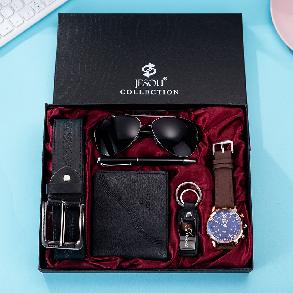 New Men&apos;s Watches Luxury Gifts Set Sunglasses Belt Watch Wallet Keychain Ballpoint Pen Men Gifts