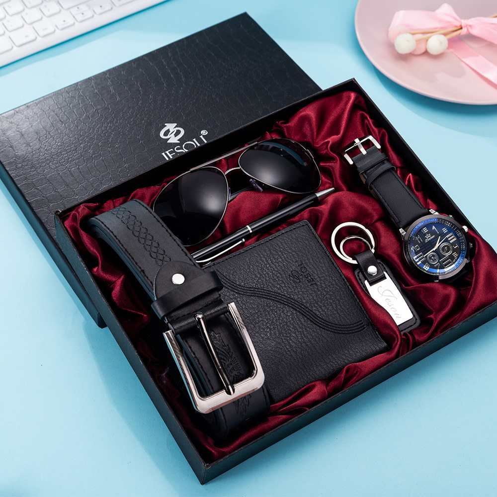 New Men&apos;s Watches Luxury Gifts Set Sunglasses Belt Watch Wallet Keychain Ballpoint Pen Men Gifts