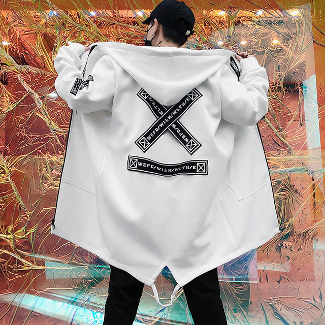New Men Trench Coats Long Trench Coat Men Letter Print Hooded Overcoat Hip Hop Streetwear Jackets