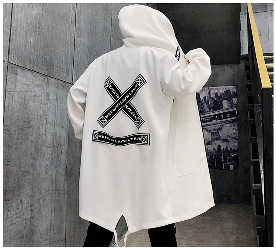 New Men Trench Coats Long Trench Coat Men Letter Print Hooded Overcoat Hip Hop Streetwear Jackets