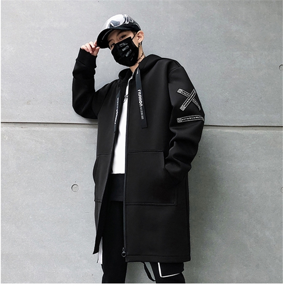 New Men Trench Coats Long Trench Coat Men Letter Print Hooded Overcoat Hip Hop Streetwear Jackets