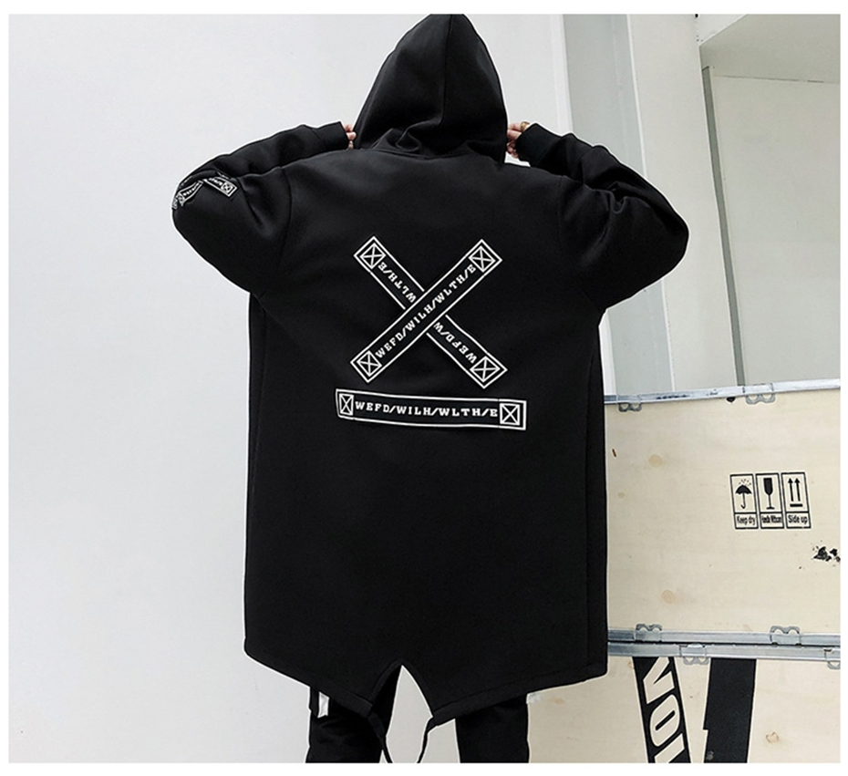 New Men Trench Coats Long Trench Coat Men Letter Print Hooded Overcoat Hip Hop Streetwear Jackets
