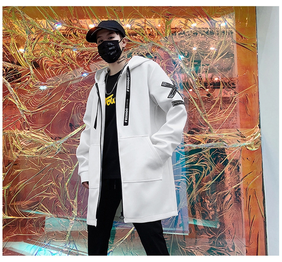 New Men Trench Coats Long Trench Coat Men Letter Print Hooded Overcoat Hip Hop Streetwear Jackets