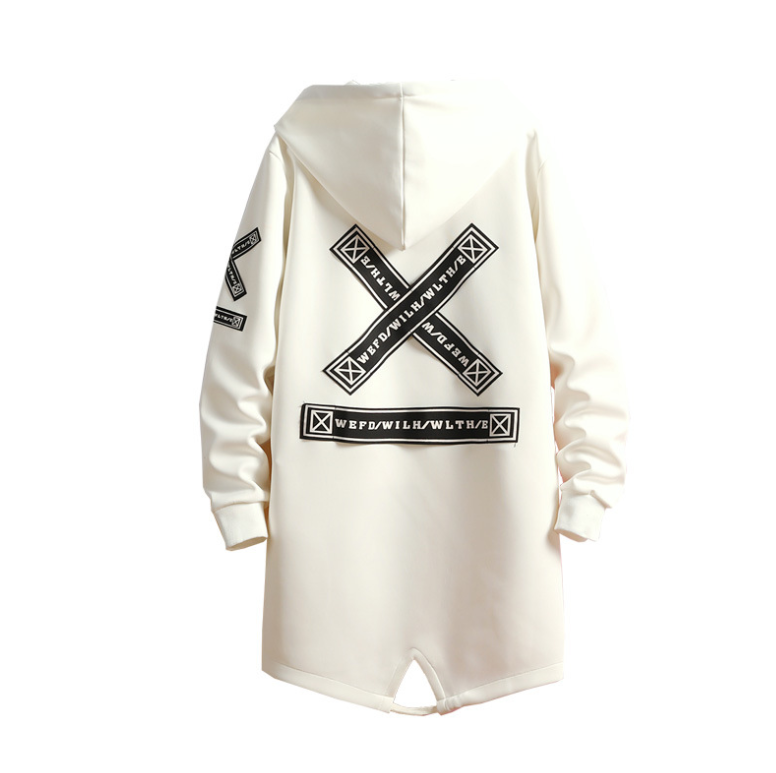 New Men Trench Coats Long Trench Coat Men Letter Print Hooded Overcoat Hip Hop Streetwear Jackets