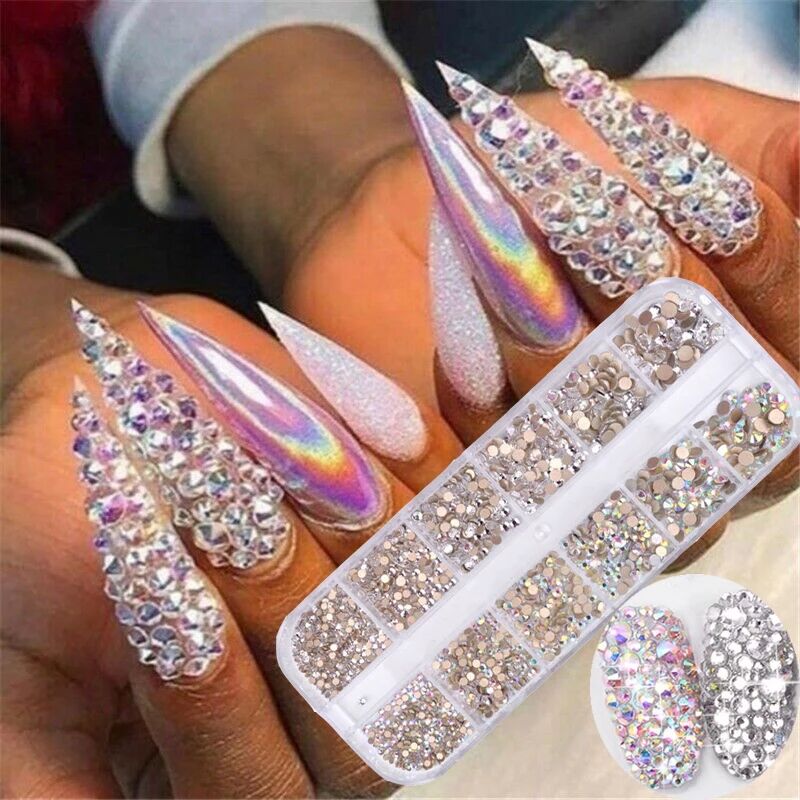 12Grid /Set 1440Pcs AB Crystal Rhinestone Diamond Gem 3D Glitter Nail Art Decoration Stick On Nails