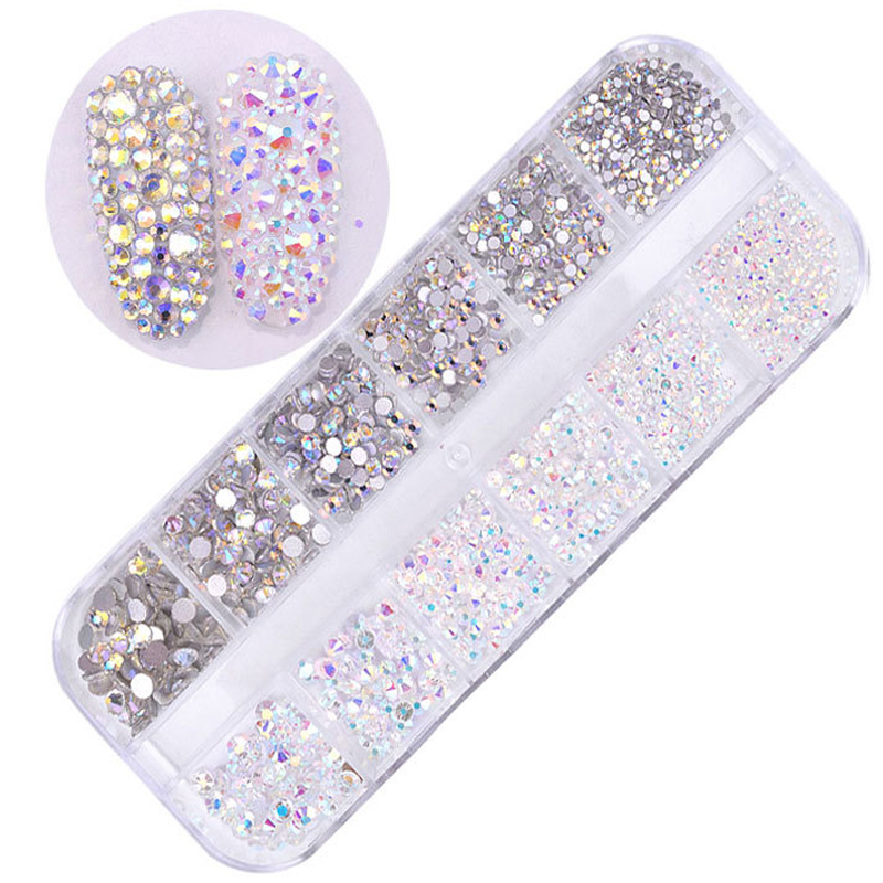 12Grid /Set 1440Pcs AB Crystal Rhinestone Diamond Gem 3D Glitter Nail Art Decoration Stick On Nails