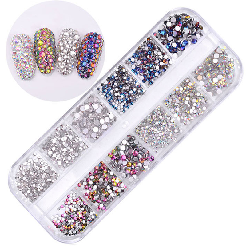12Grid /Set 1440Pcs AB Crystal Rhinestone Diamond Gem 3D Glitter Nail Art Decoration Stick On Nails