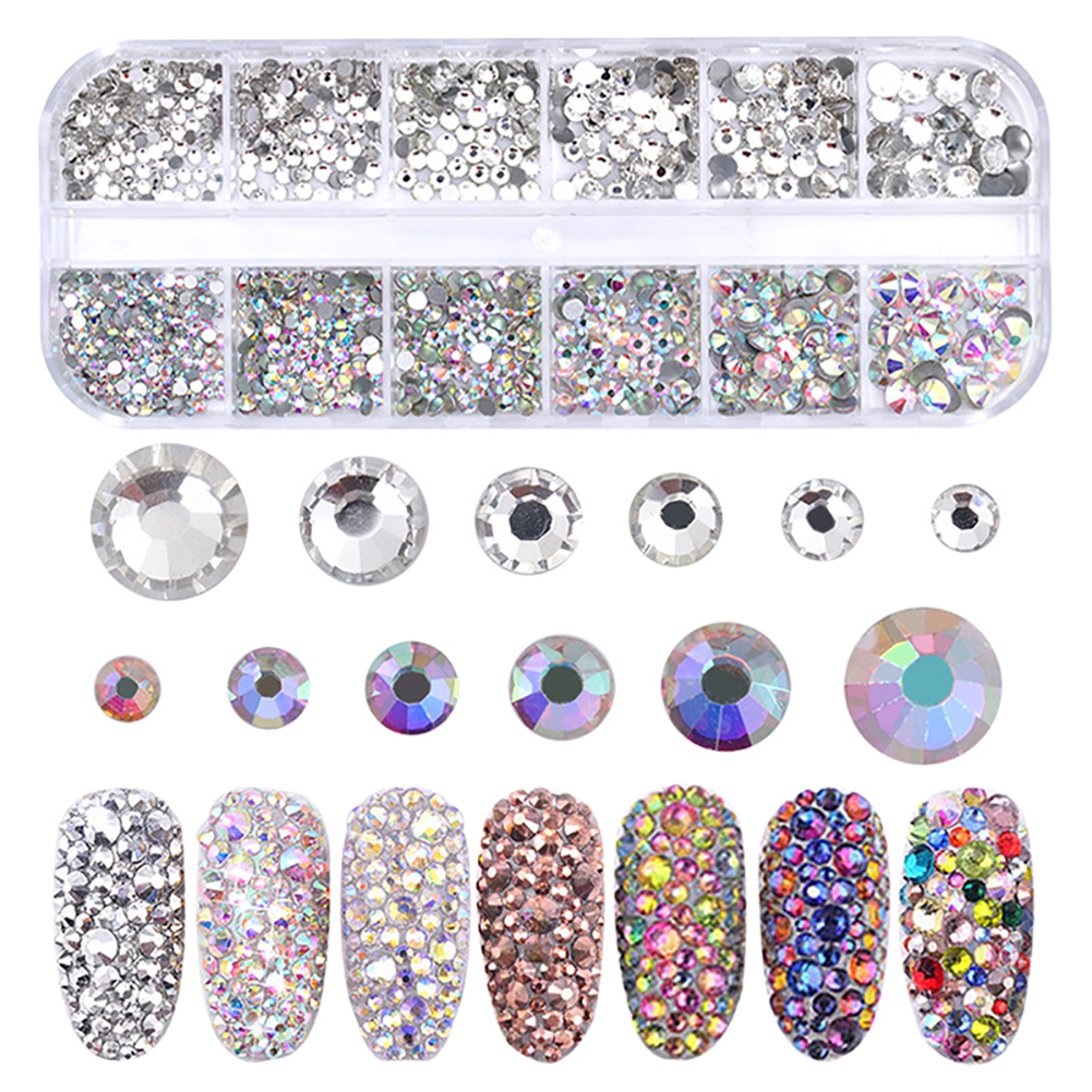 12Grid /Set 1440Pcs AB Crystal Rhinestone Diamond Gem 3D Glitter Nail Art Decoration Stick On Nails