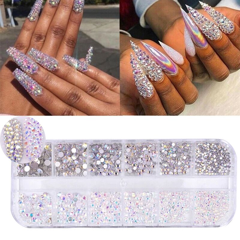 12Grid /Set 1440Pcs AB Crystal Rhinestone Diamond Gem 3D Glitter Nail Art Decoration Stick On Nails