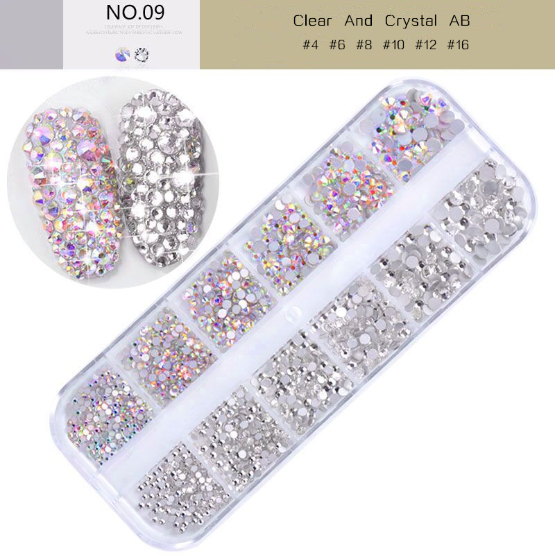 12Grid /Set 1440Pcs AB Crystal Rhinestone Diamond Gem 3D Glitter Nail Art Decoration Stick On Nails