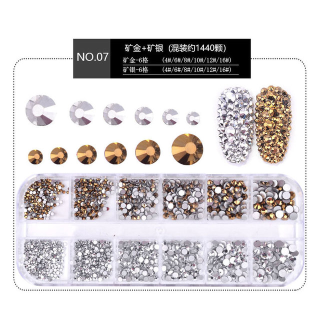 12Grid /Set 1440Pcs AB Crystal Rhinestone Diamond Gem 3D Glitter Nail Art Decoration Stick On Nails
