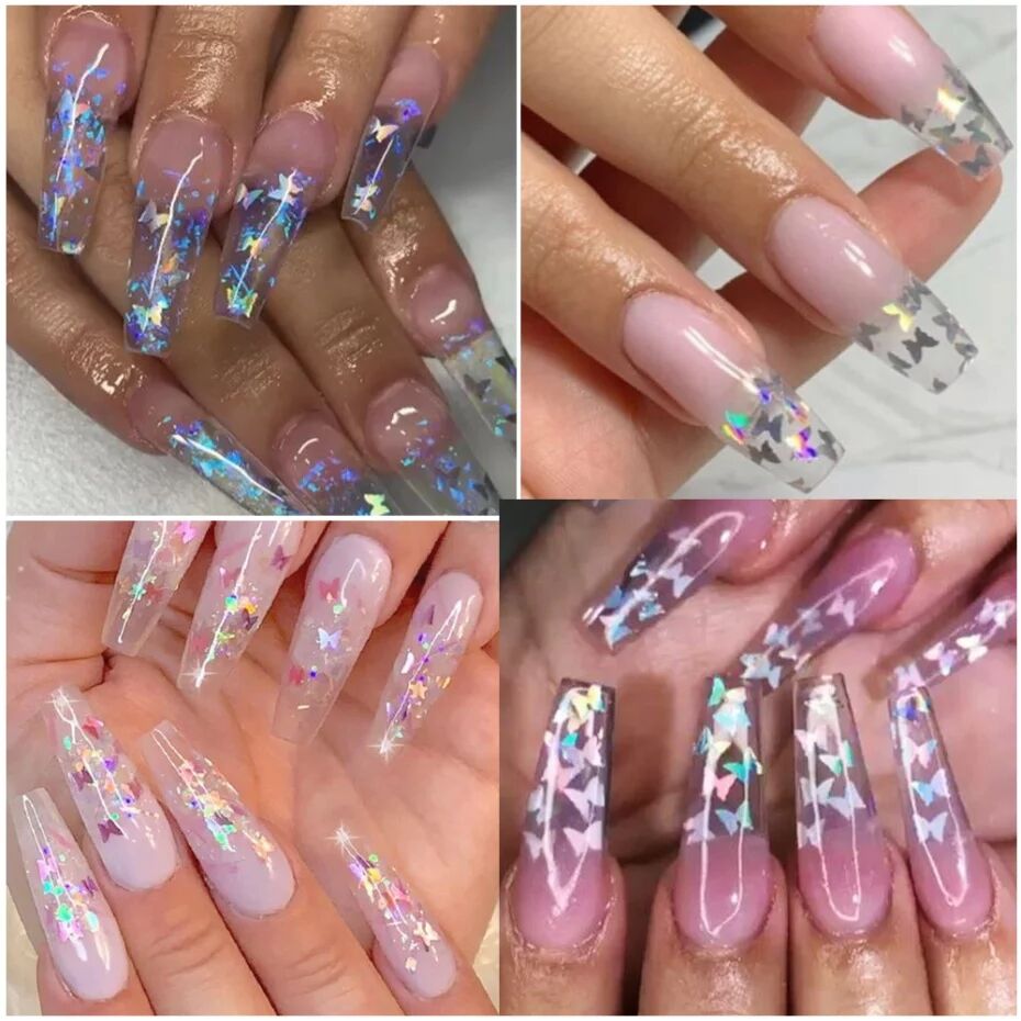 12 Grid/Set Holographic Nail Glitter Sequins Sparkly 3D Thin Butterfly Decor Nail Art Stick on Nails