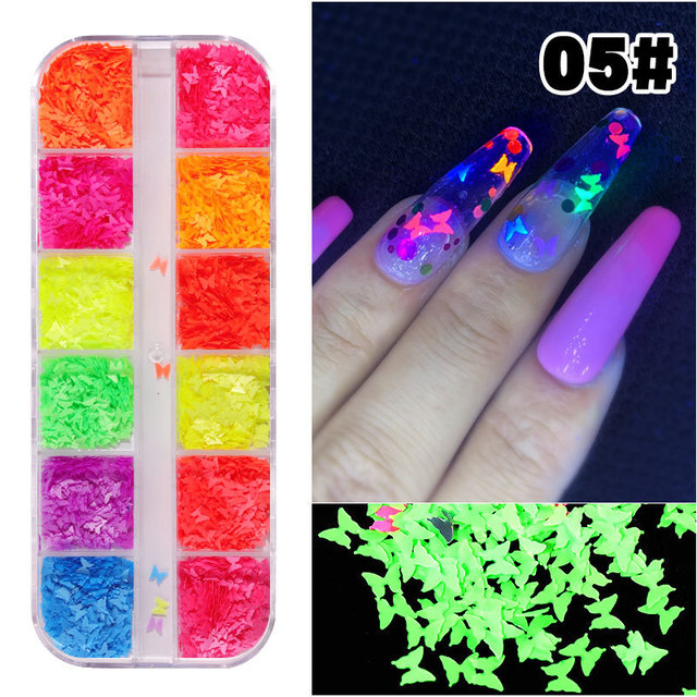 12 Grid/Set Holographic Nail Glitter Sequins Sparkly 3D Thin Butterfly Decor Nail Art Stick on Nails