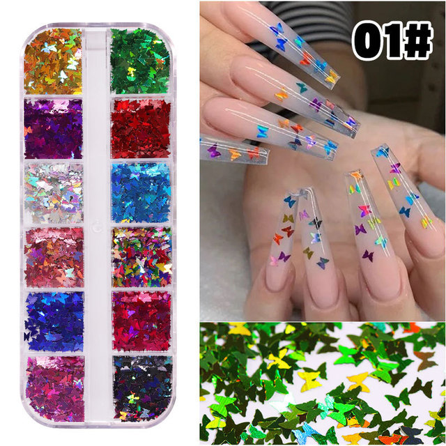 12 Grid/Set Holographic Nail Glitter Sequins Sparkly 3D Thin Butterfly Decor Nail Art Stick on Nails