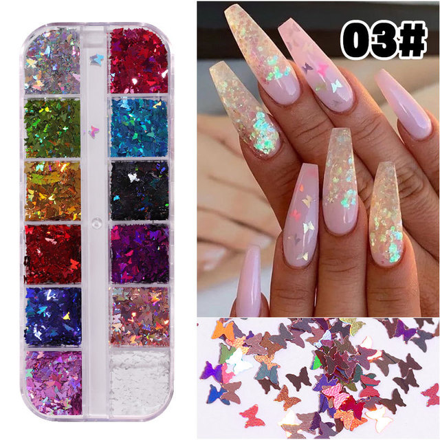 12 Grid/Set Holographic Nail Glitter Sequins Sparkly 3D Thin Butterfly Decor Nail Art Stick on Nails