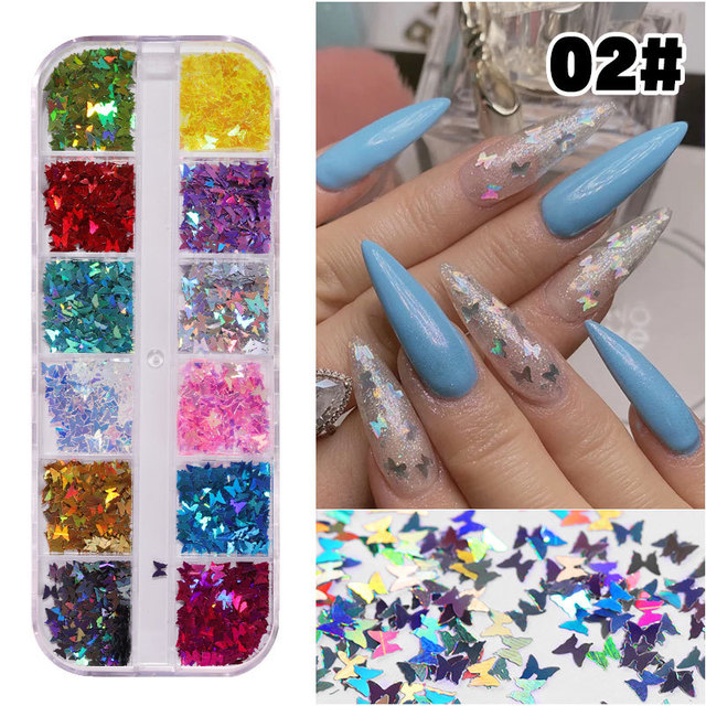 12 Grid/Set Holographic Nail Glitter Sequins Sparkly 3D Thin Butterfly Decor Nail Art Stick on Nails