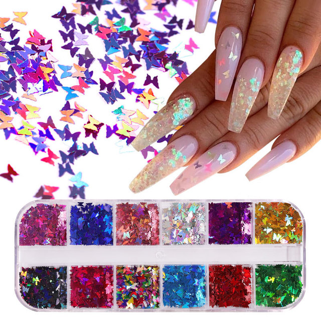 12 Grid/Set Holographic Nail Glitter Sequins Sparkly 3D Thin Butterfly Decor Nail Art Stick on Nails