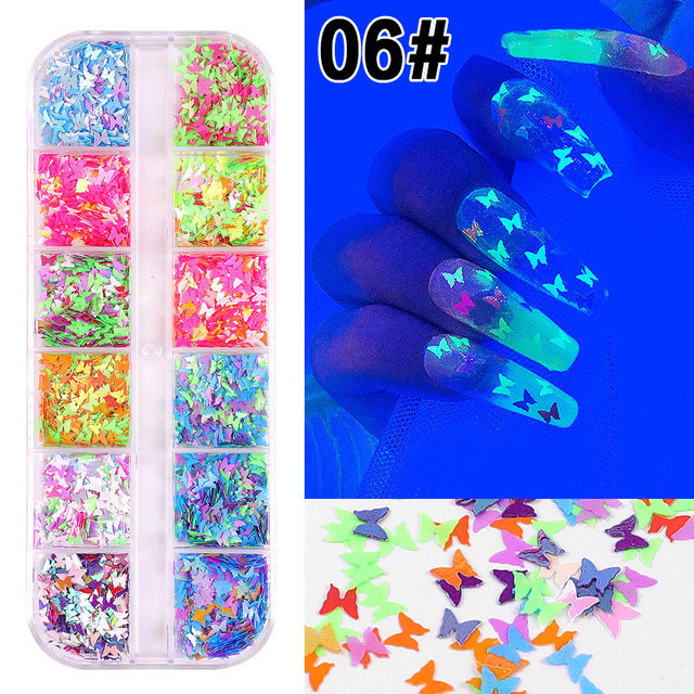 12 Grid/Set Holographic Nail Glitter Sequins Sparkly 3D Thin Butterfly Decor Nail Art Stick on Nails