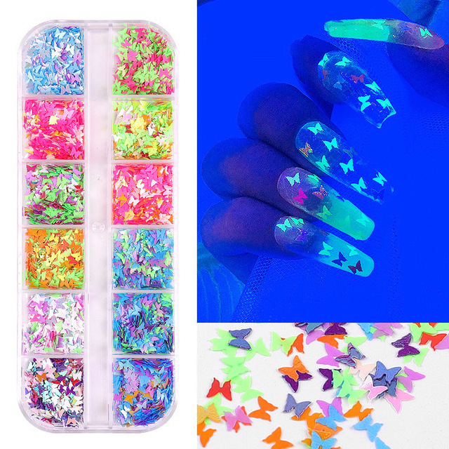 12 Grid/Set Holographic Nail Glitter Sequins Sparkly 3D Thin Butterfly Decor Nail Art Stick on Nails