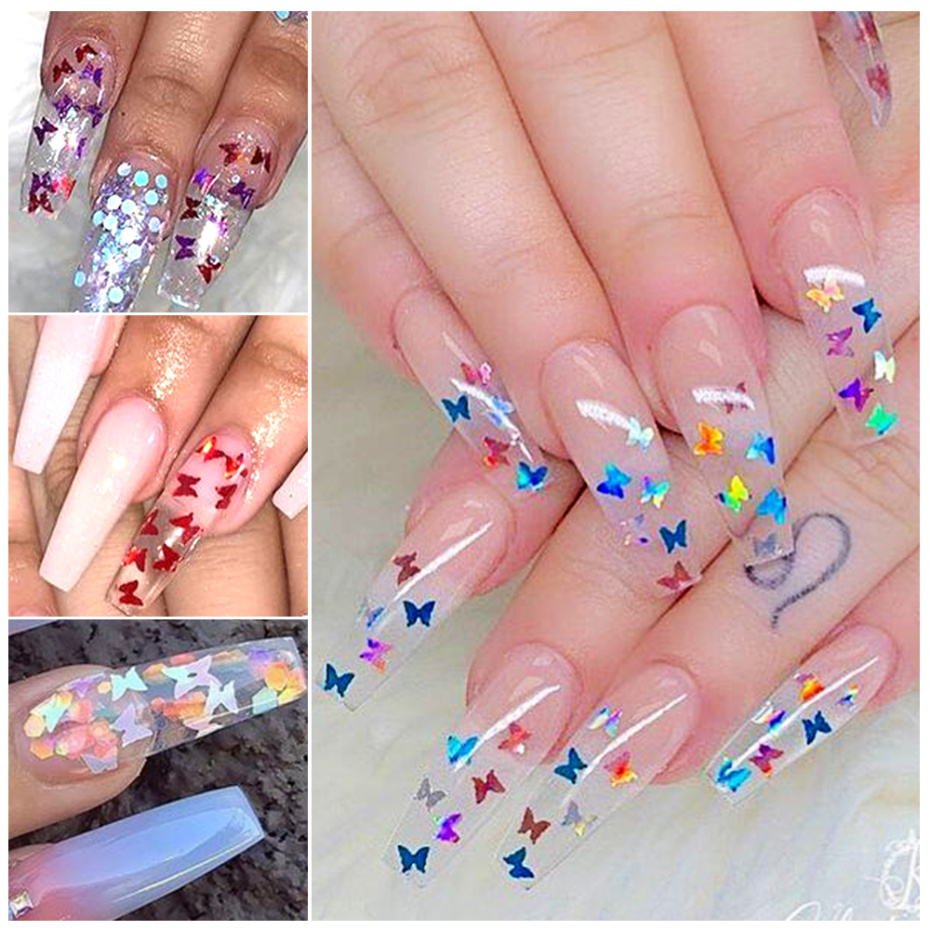 12 Grid/Set Holographic Nail Glitter Sequins Sparkly 3D Thin Butterfly Decor Nail Art Stick on Nails