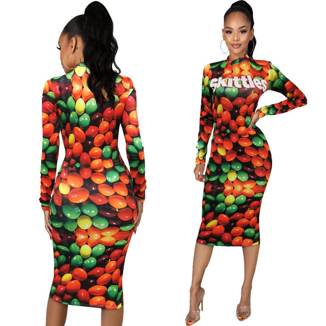 New Ins Hot Women Dresses Sweet Candy Fruit Dress Long Sleeve Trendy Party Dress Bodycon Dress Sales