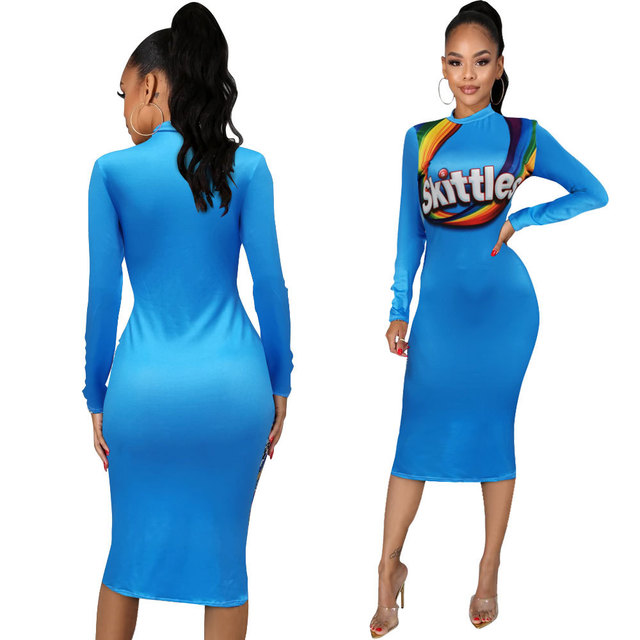 New Ins Hot Women Dresses Sweet Candy Fruit Dress Long Sleeve Trendy Party Dress Bodycon Dress Sales