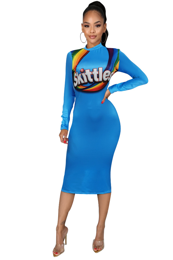 New Ins Hot Women Dresses Sweet Candy Fruit Dress Long Sleeve Trendy Party Dress Bodycon Dress Sales