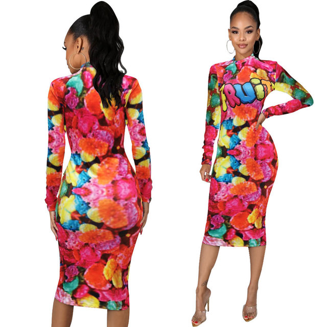 New Ins Hot Women Dresses Sweet Candy Fruit Dress Long Sleeve Trendy Party Dress Bodycon Dress Sales