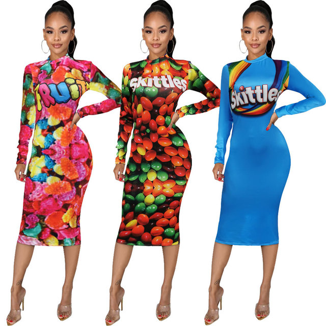 New Ins Hot Women Dresses Sweet Candy Fruit Dress Long Sleeve Trendy Party Dress Bodycon Dress Sales