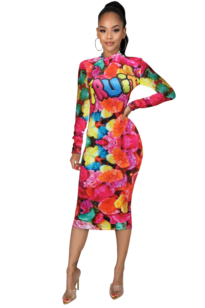 New Ins Hot Women Dresses Sweet Candy Fruit Dress Long Sleeve Trendy Party Dress Bodycon Dress Sales