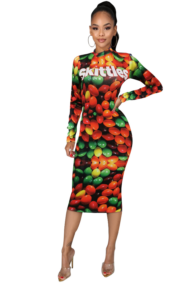 New Ins Hot Women Dresses Sweet Candy Fruit Dress Long Sleeve Trendy Party Dress Bodycon Dress Sales