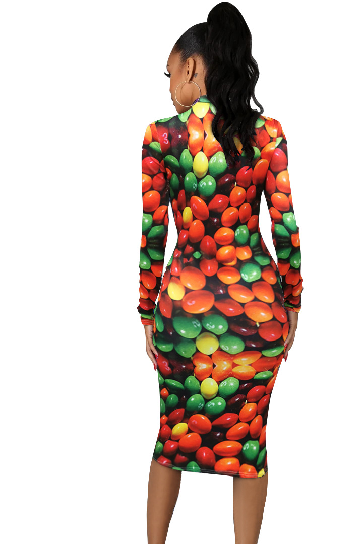 New Ins Hot Women Dresses Sweet Candy Fruit Dress Long Sleeve Trendy Party Dress Bodycon Dress Sales