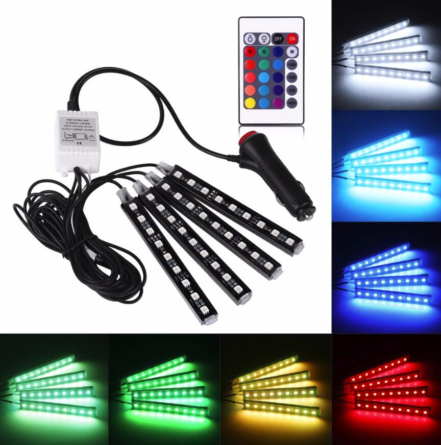 4Pcs RGB 9 LED Strip Light Remote Control Car Decoration Light Flexible LED Atmosphere Lamp Kit