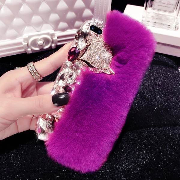 New Big Diamond Real Fur Cover Case For iPhone Samsung Huawei Phones Case Luxury Bling Covers