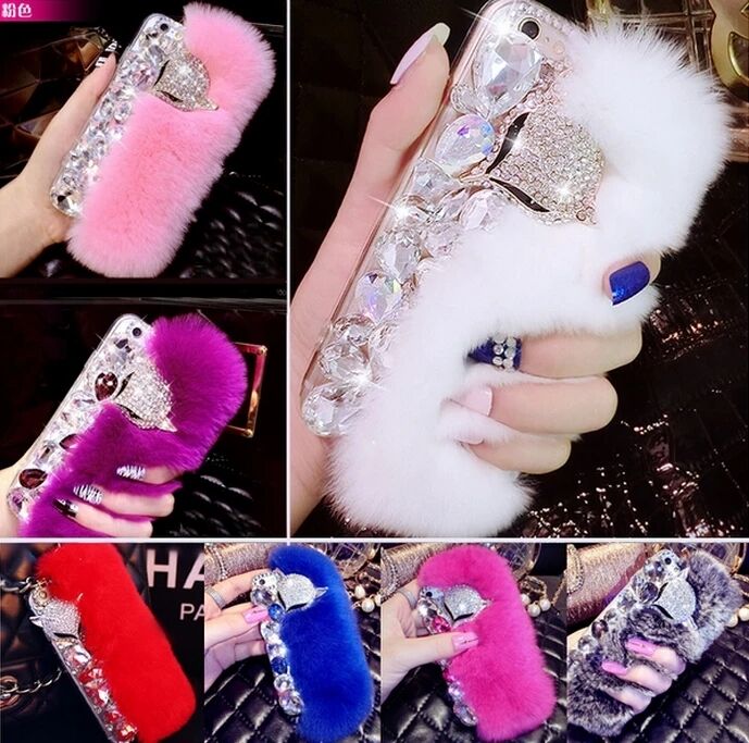 New Big Diamond Real Fur Cover Case For iPhone Samsung Huawei Phones Case Luxury Bling Covers