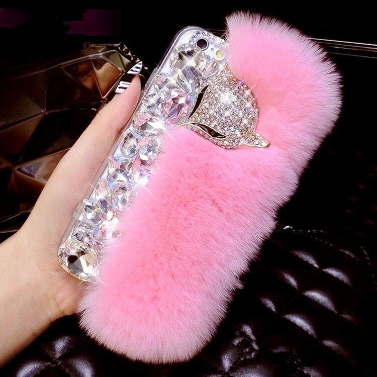 New Big Diamond Real Fur Cover Case For iPhone Samsung Huawei Phones Case Luxury Bling Covers