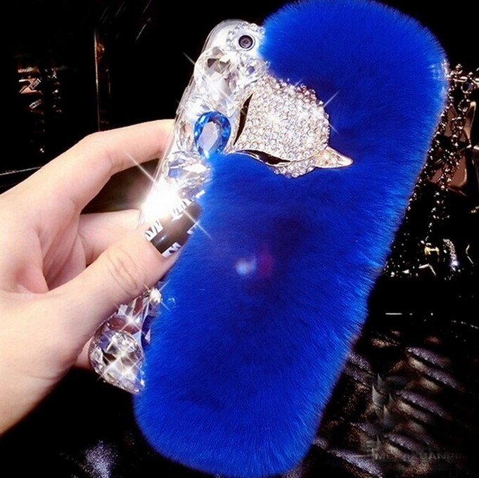 New Big Diamond Real Fur Cover Case For iPhone Samsung Huawei Phones Case Luxury Bling Covers