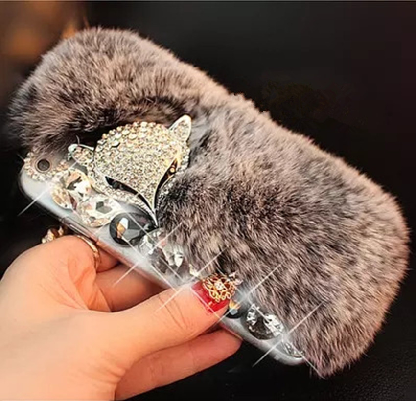 New Big Diamond Real Fur Cover Case For iPhone Samsung Huawei Phones Case Luxury Bling Covers