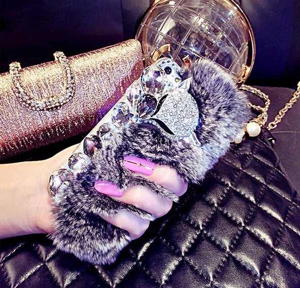 New Big Diamond Real Fur Cover Case For iPhone Samsung Huawei Phones Case Luxury Bling Covers